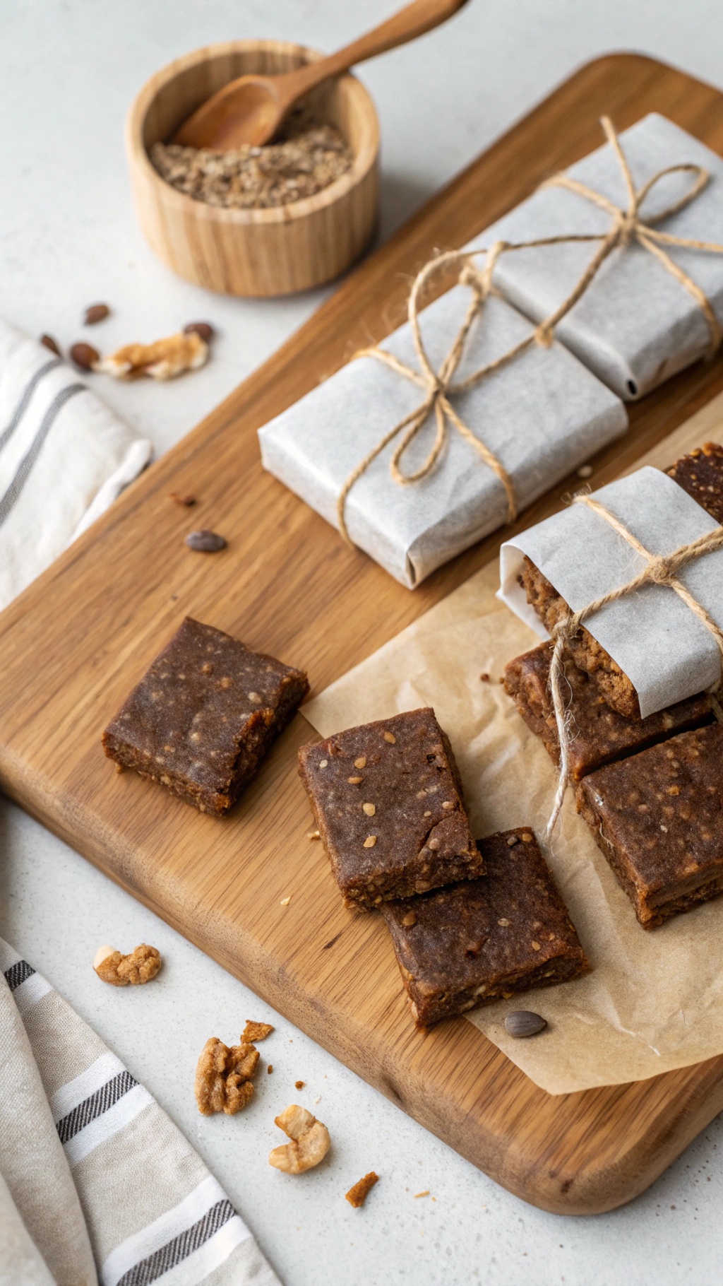 Homemade vegan protein bars wrapped in paper and twine, placed on a wooden board with some nuts scattered around.