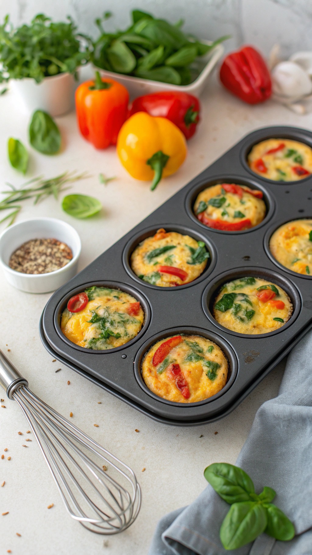 A tray of vegetable egg muffins surrounded by fresh vegetables and herbs.