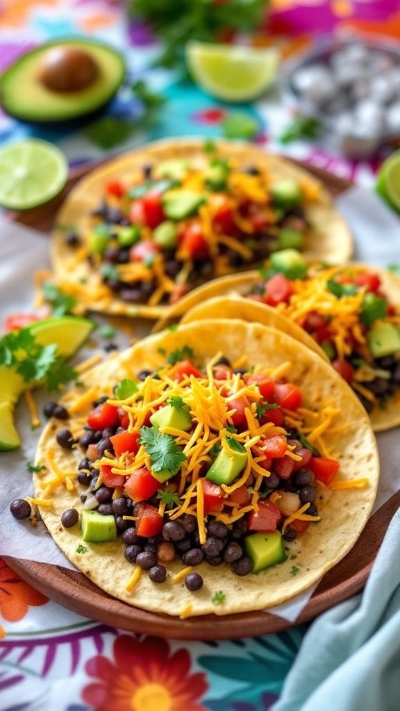 Vegetarian black bean tacos with fresh toppings on a colorful tablecloth.