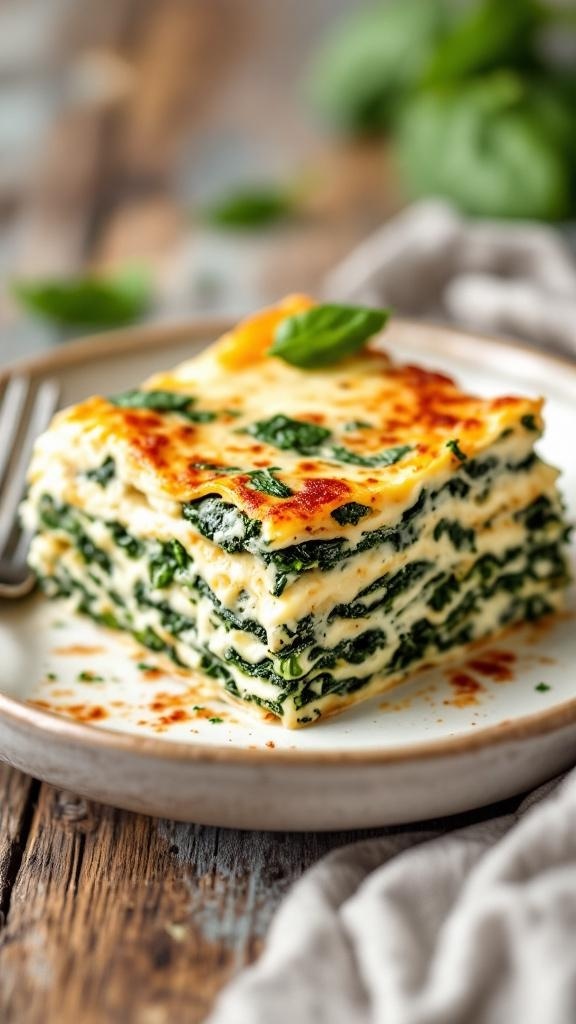 A delicious slice of spinach and ricotta lasagna on a plate, garnished with a basil leaf.