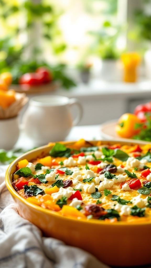 A colorful spinach and feta casserole topped with fresh herbs, displayed in a baking dish.