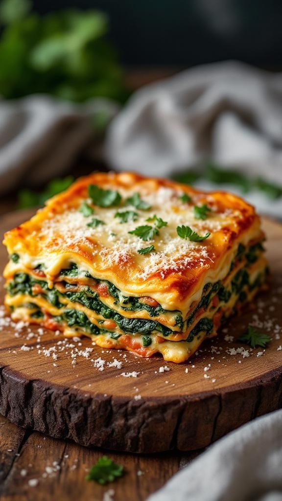 A delicious slice of spinach and ricotta lasagna on a wooden board, garnished with parsley.