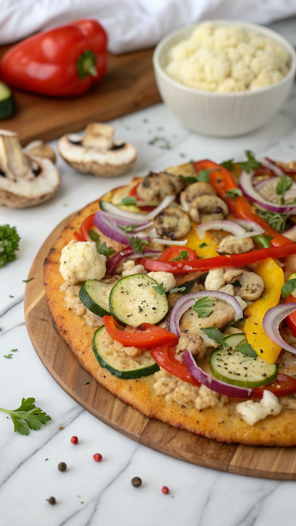 Veggie Lover's Cauliflower Pizza with colorful toppings on a wooden board