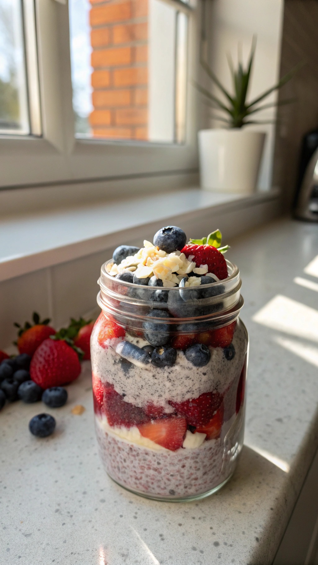 A jar of colorful berry chia pudding with layers of chia seeds, strawberries, and blueberries.