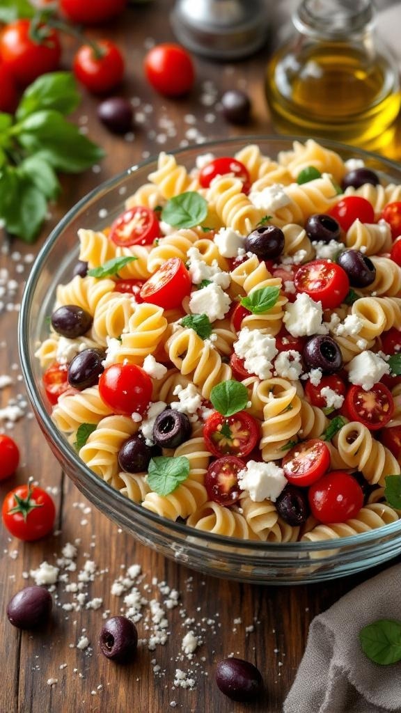 A vibrant Mediterranean pasta salad with feta and olives in a glass bowl, surrounded by fresh ingredients.