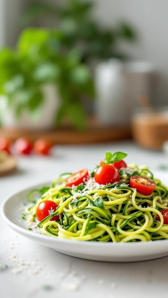A plate of vibrant pesto zoodles topped with cherry tomatoes and Parmesan cheese, surrounded by fresh basil.