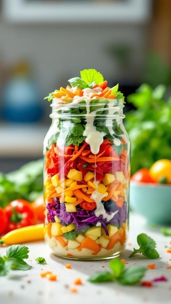 A colorful salad jar filled with layers of fresh vegetables and creamy dressing.