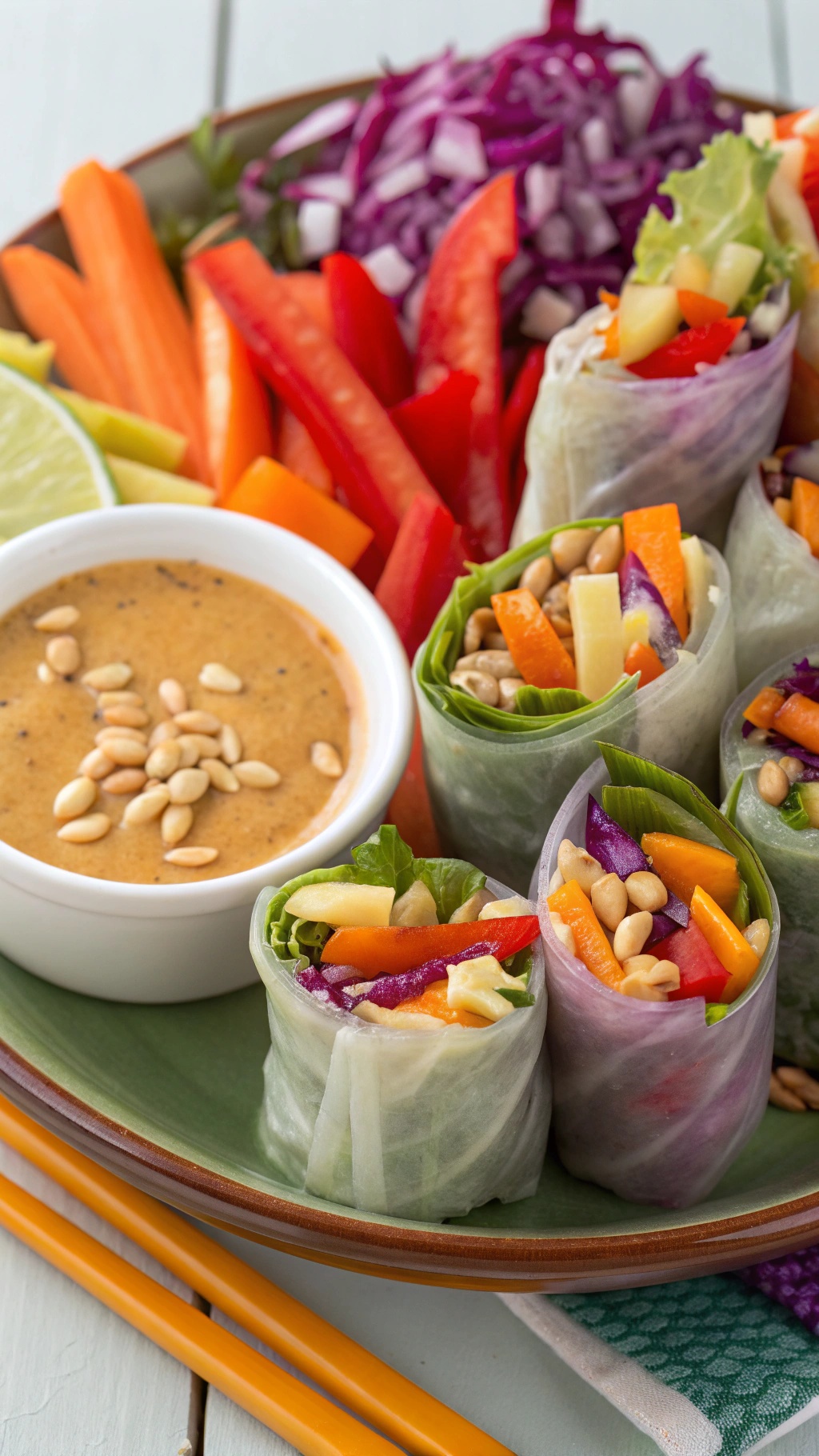 Colorful vegetable spring rolls with a side of peanut dipping sauce and fresh vegetables