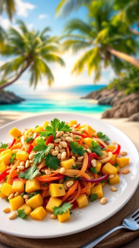 A vibrant Thai mango salad with diced mango, sliced bell peppers, and pine nuts, set against a tropical beach backdrop.