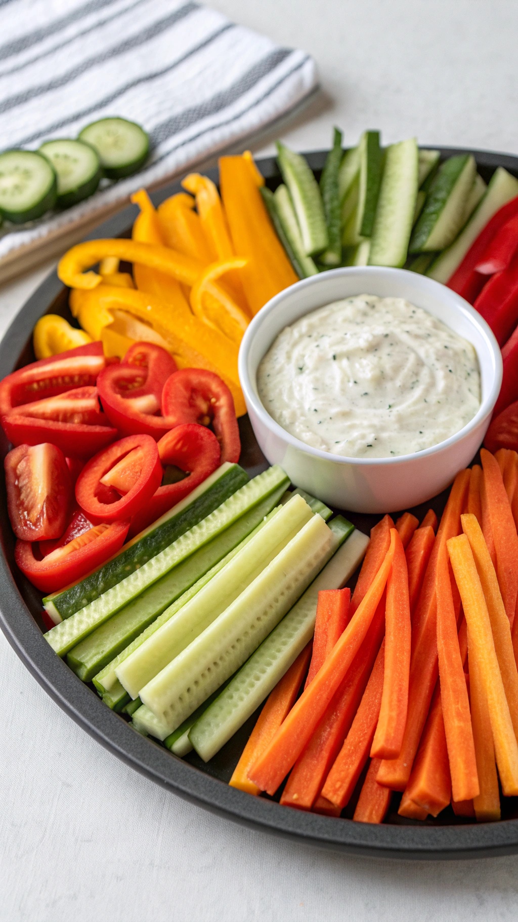 A colorful platter of veggie sticks including cucumbers, bell peppers, and carrots, served with a bowl of tzatziki sauce.