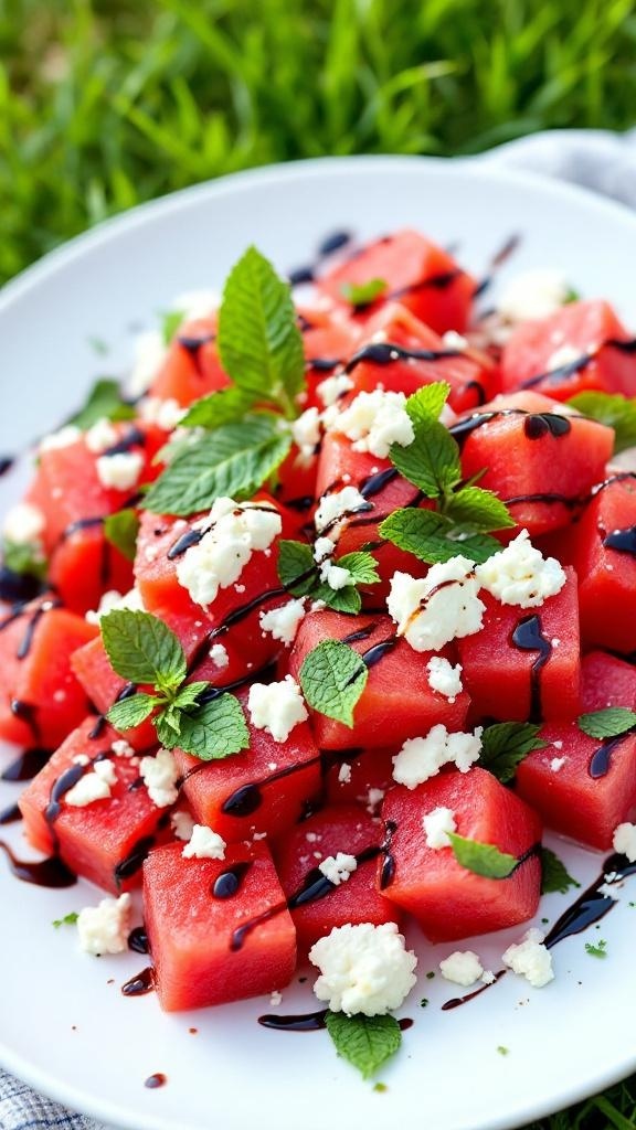 A vibrant watermelon feta salad with mint leaves and balsamic glaze.