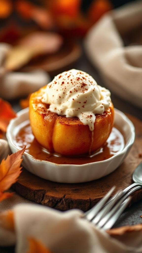 Cinnamon baked apple topped with ice cream and surrounded by autumn leaves.