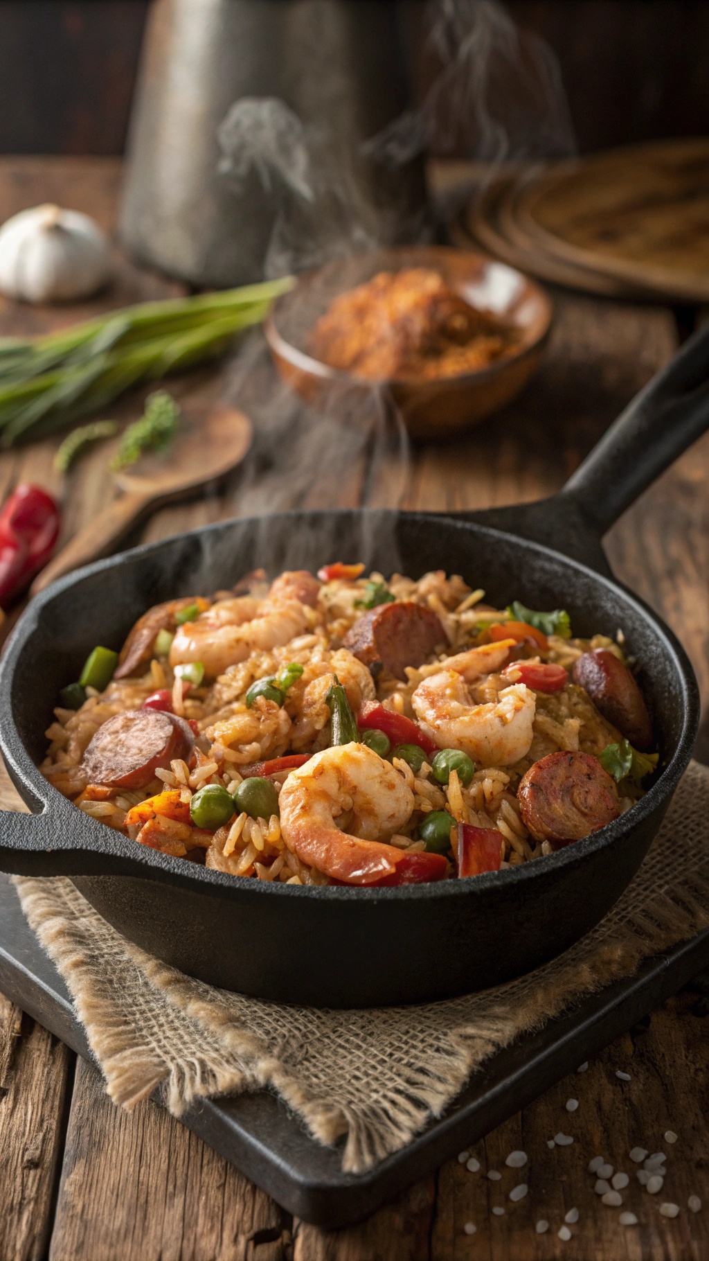 A steaming pot of jambalaya with shrimp, sausage, and colorful vegetables.