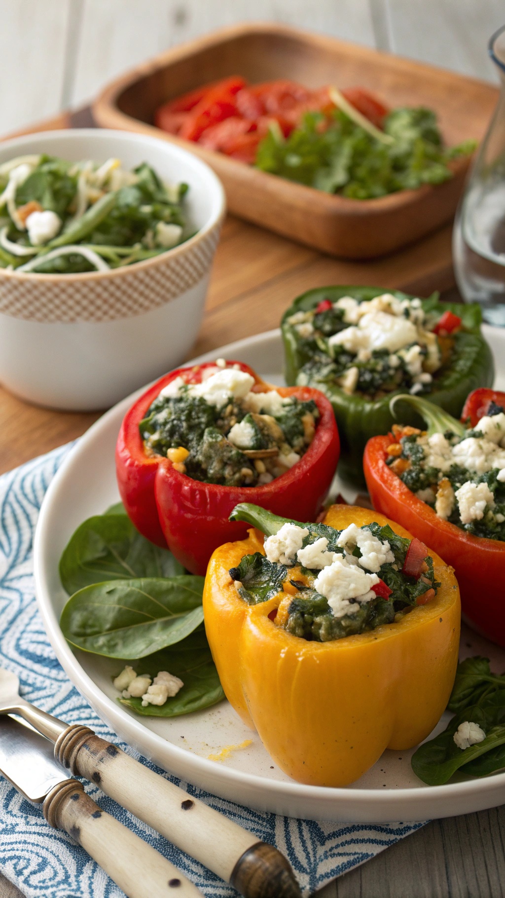 Colorful stuffed bell peppers filled with spinach and feta cheese on a plate with a side salad.