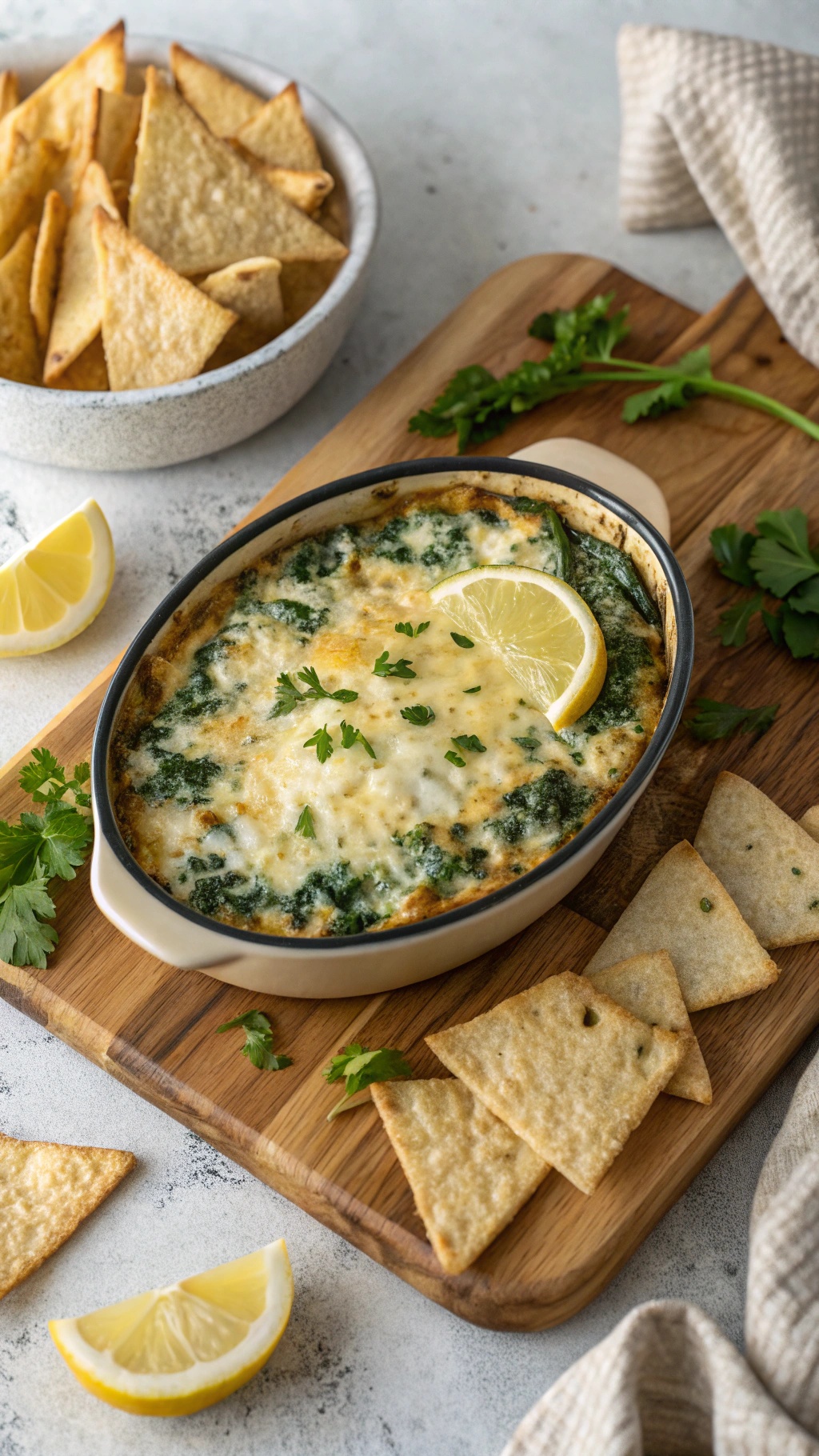 Warm spinach artichoke dip served with tortilla chips and garnished with lemon and herbs.