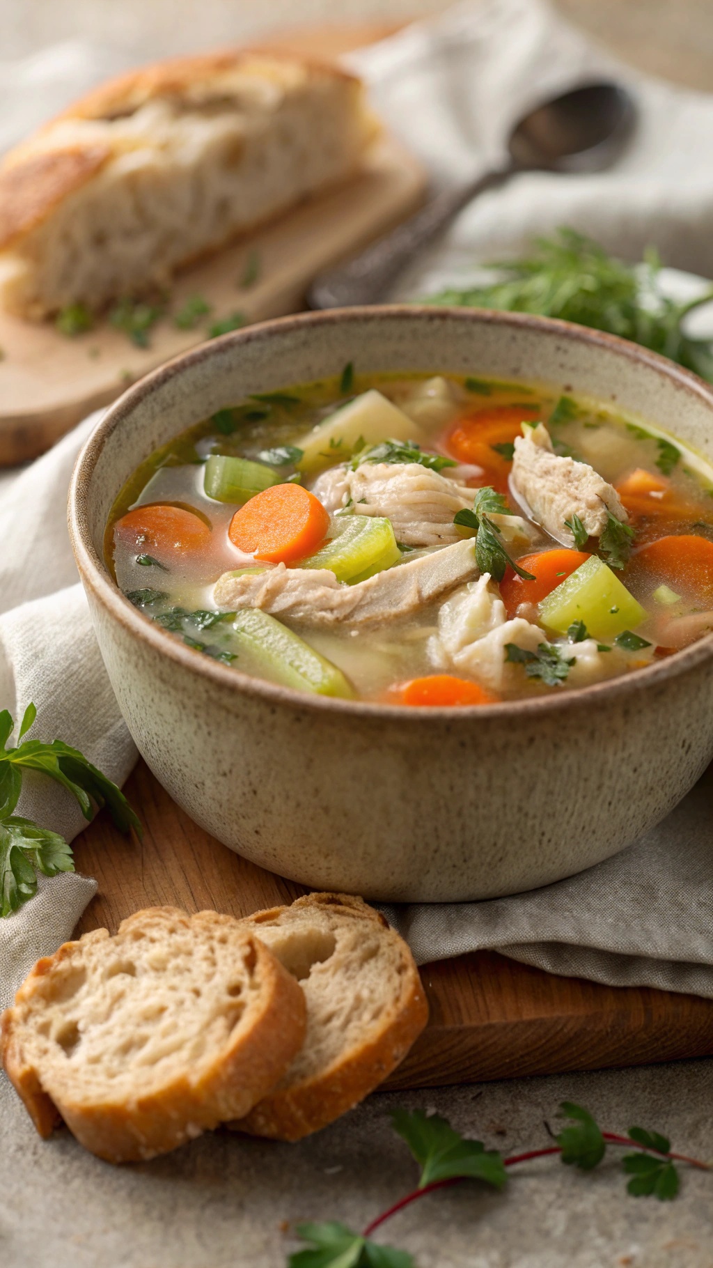 A bowl of chicken and vegetable soup with slices of bread on the side.
