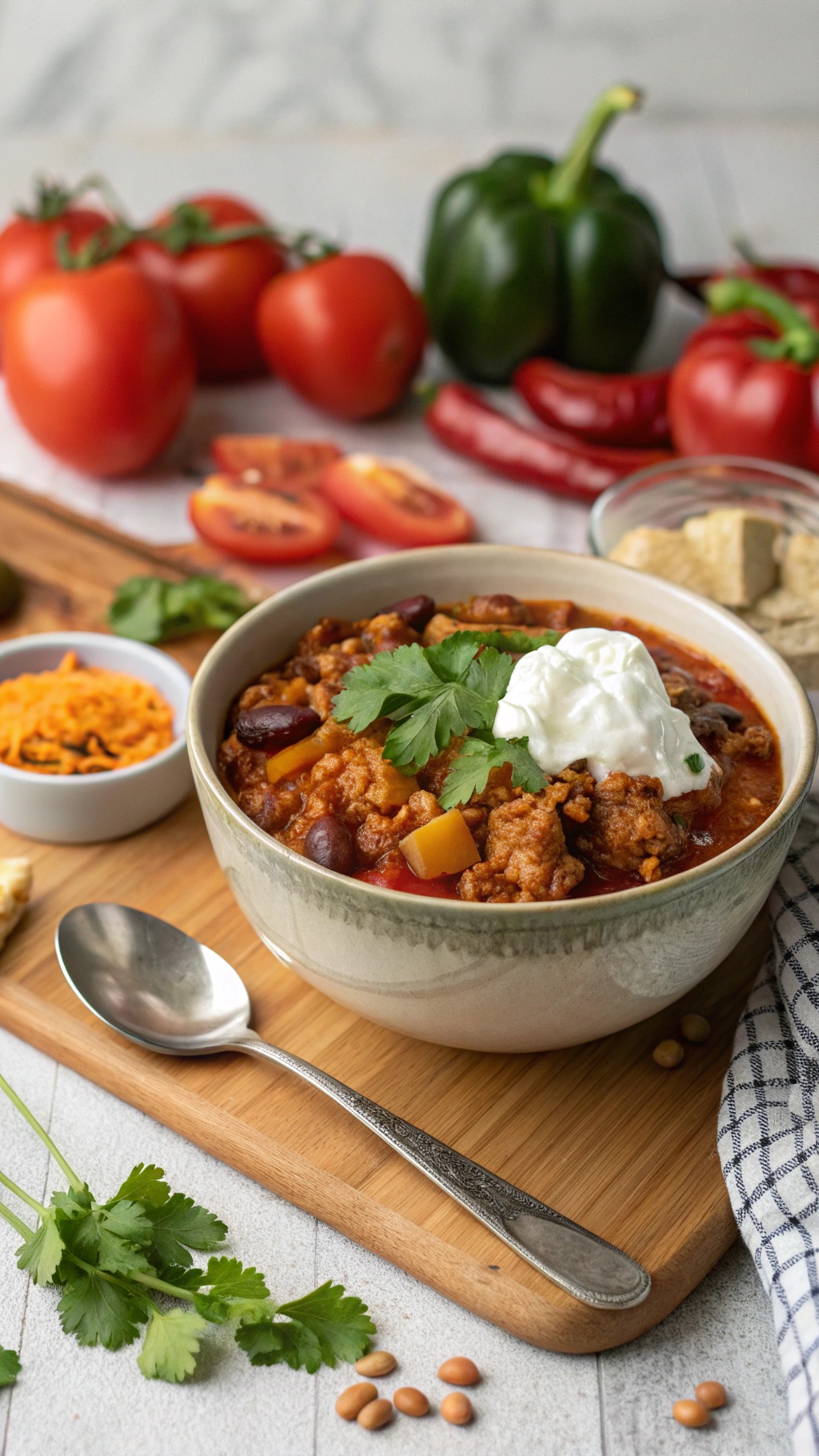 A bowl of hearty turkey and cauliflower chili topped with sour cream and cilantro, surrounded by fresh tomatoes and bell peppers.