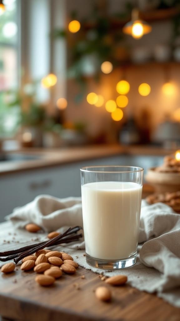 A glass of warm vanilla almond milk on a wooden table with almonds and vanilla beans in a cozy kitchen setting.