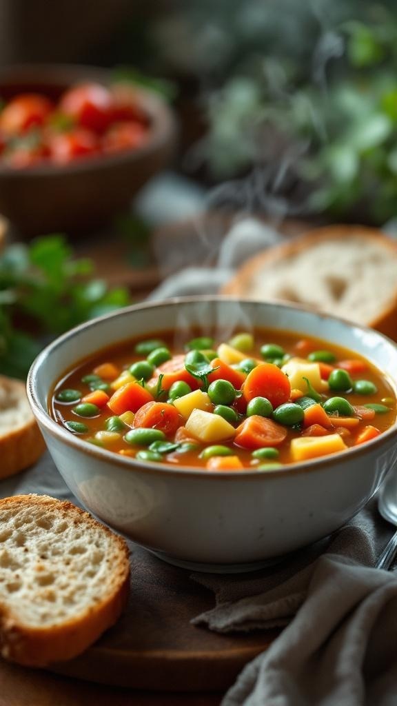 A steaming bowl of hearty vegetable soup with colorful vegetables and slices of bread on the side.