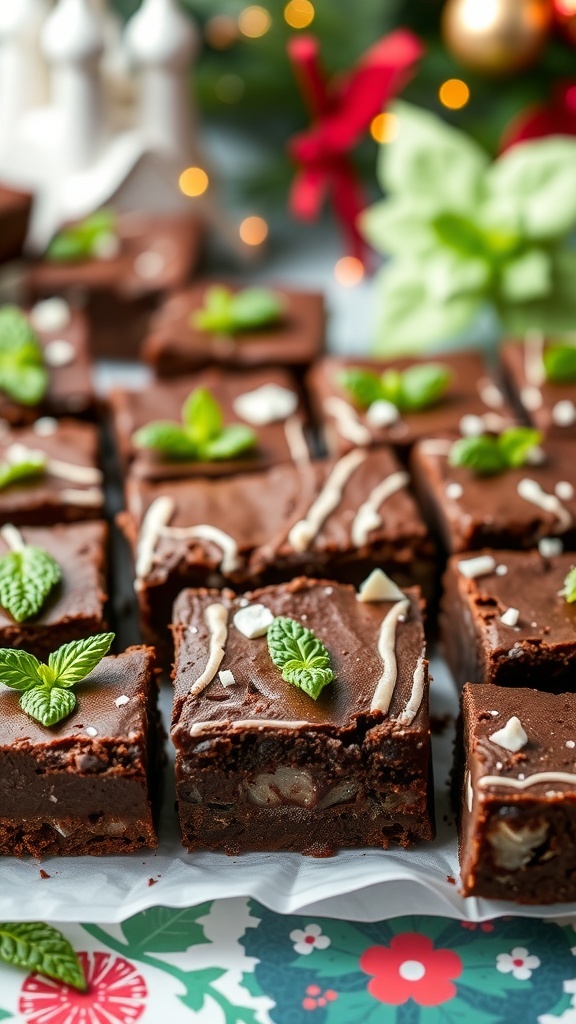 No-Bake Chocolate Mint Brownies garnished with mint leaves