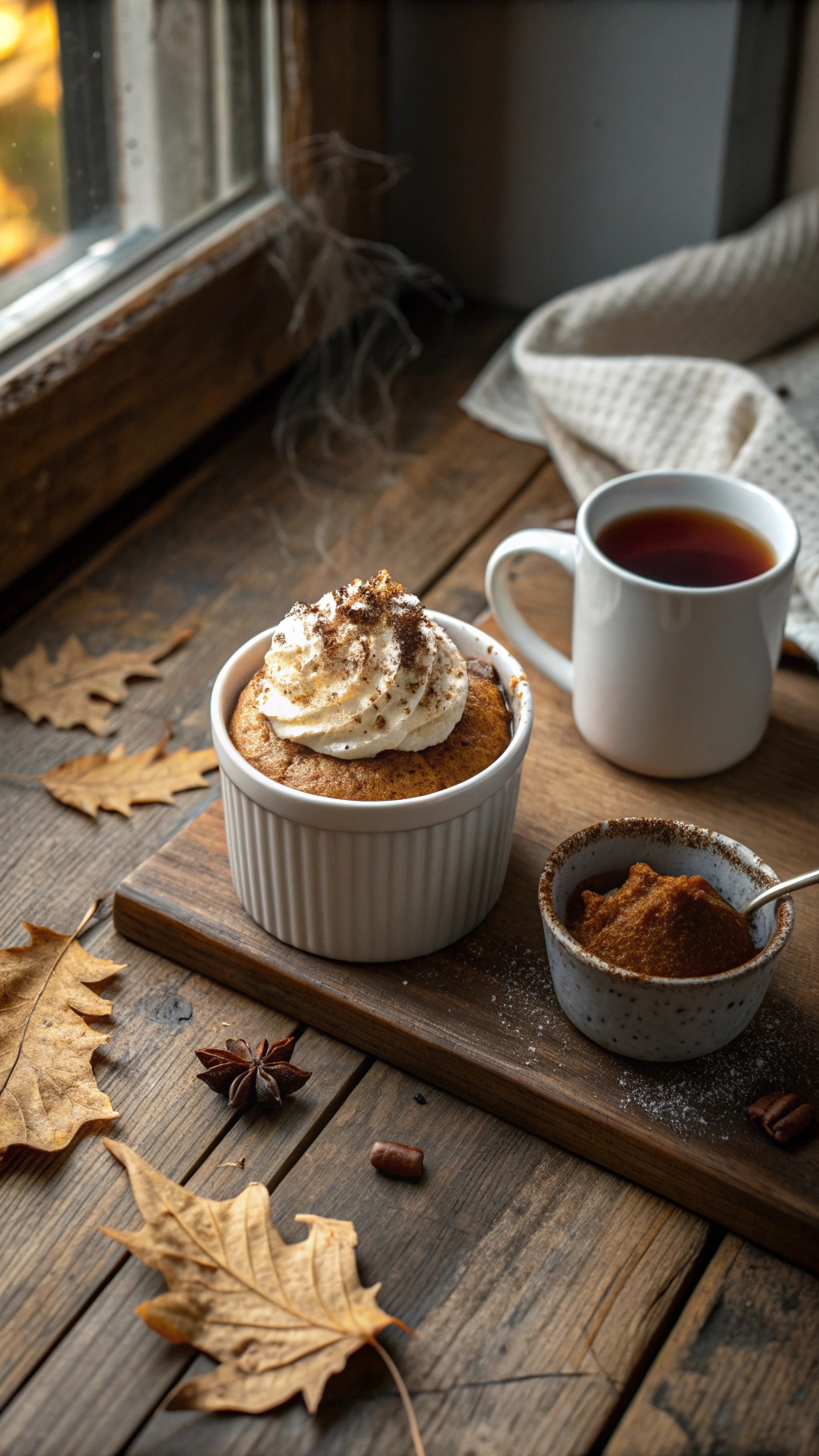 A cozy pumpkin spice mug cake topped with whipped cream, sitting next to a cup of tea and some autumn leaves.