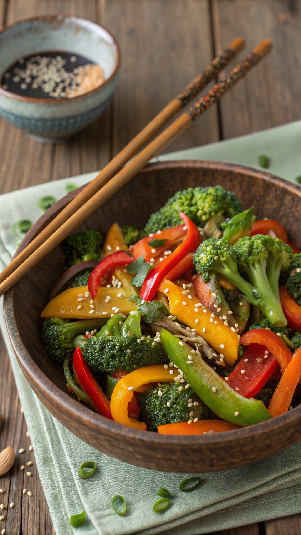 A colorful vegetable stir-fry with broccoli, bell peppers, and sesame seeds in a wooden bowl