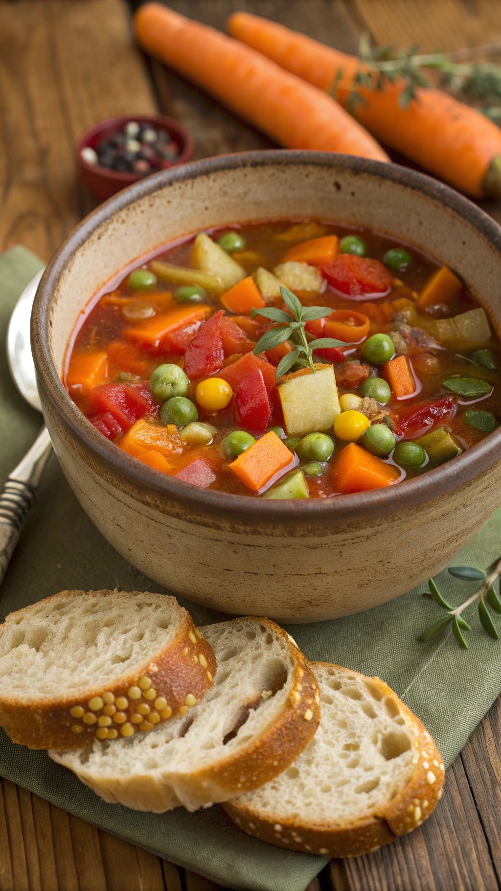 A bowl of colorful vegetable soup with carrots, peas, and bell peppers, served with slices of bread