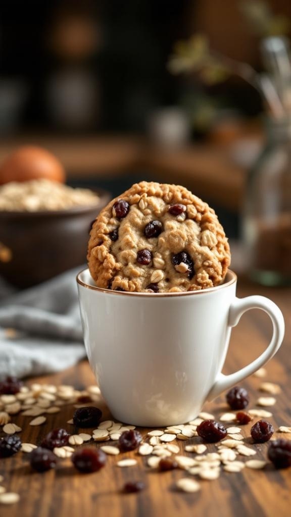 A delicious oatmeal raisin cookie sitting in a white cup, surrounded by oats and raisins.