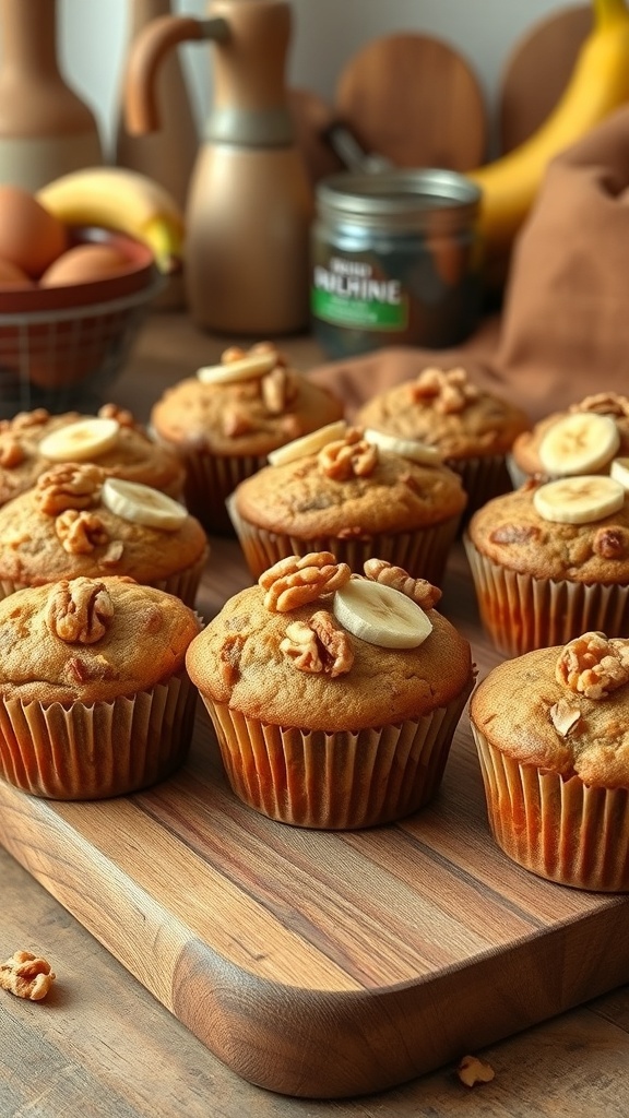 Delicious banana nut muffins on a wooden board, topped with walnuts and banana slices.