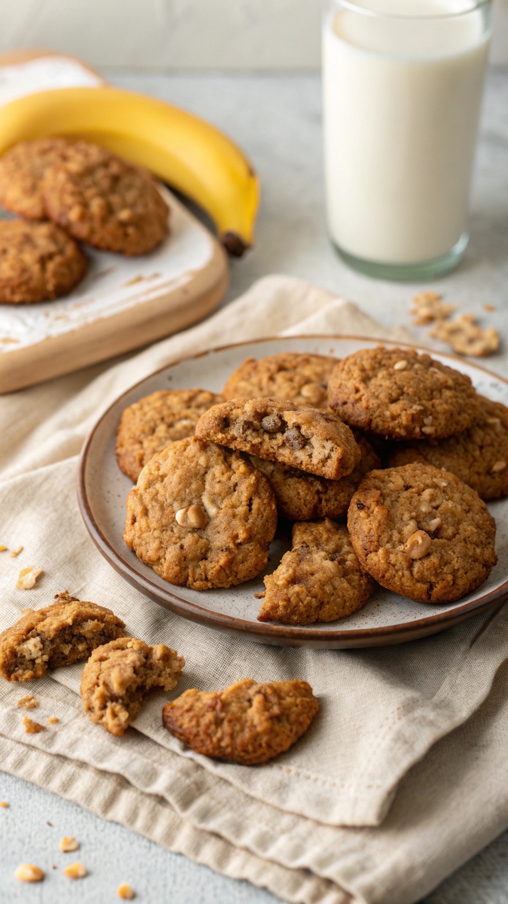 A plate of banana oatmeal cookies with a banana and a glass of milk in the background.