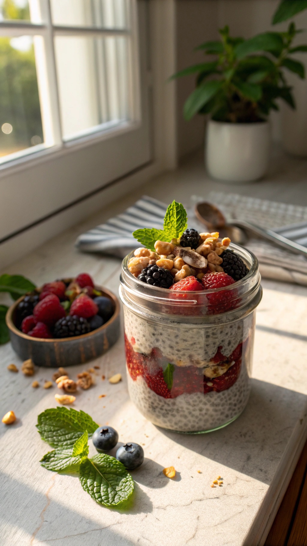 A jar of berry chia seed pudding with fresh berries and mint on a countertop.