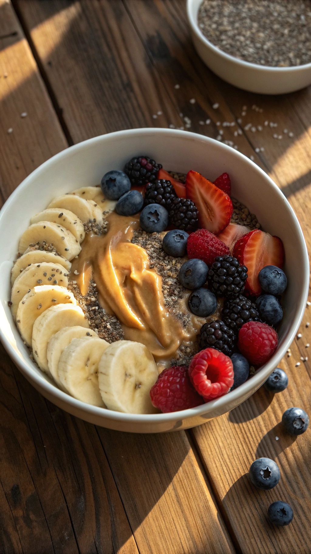 A wholesome breakfast bowl with sliced bananas, mixed berries, and peanut butter on a wooden table.