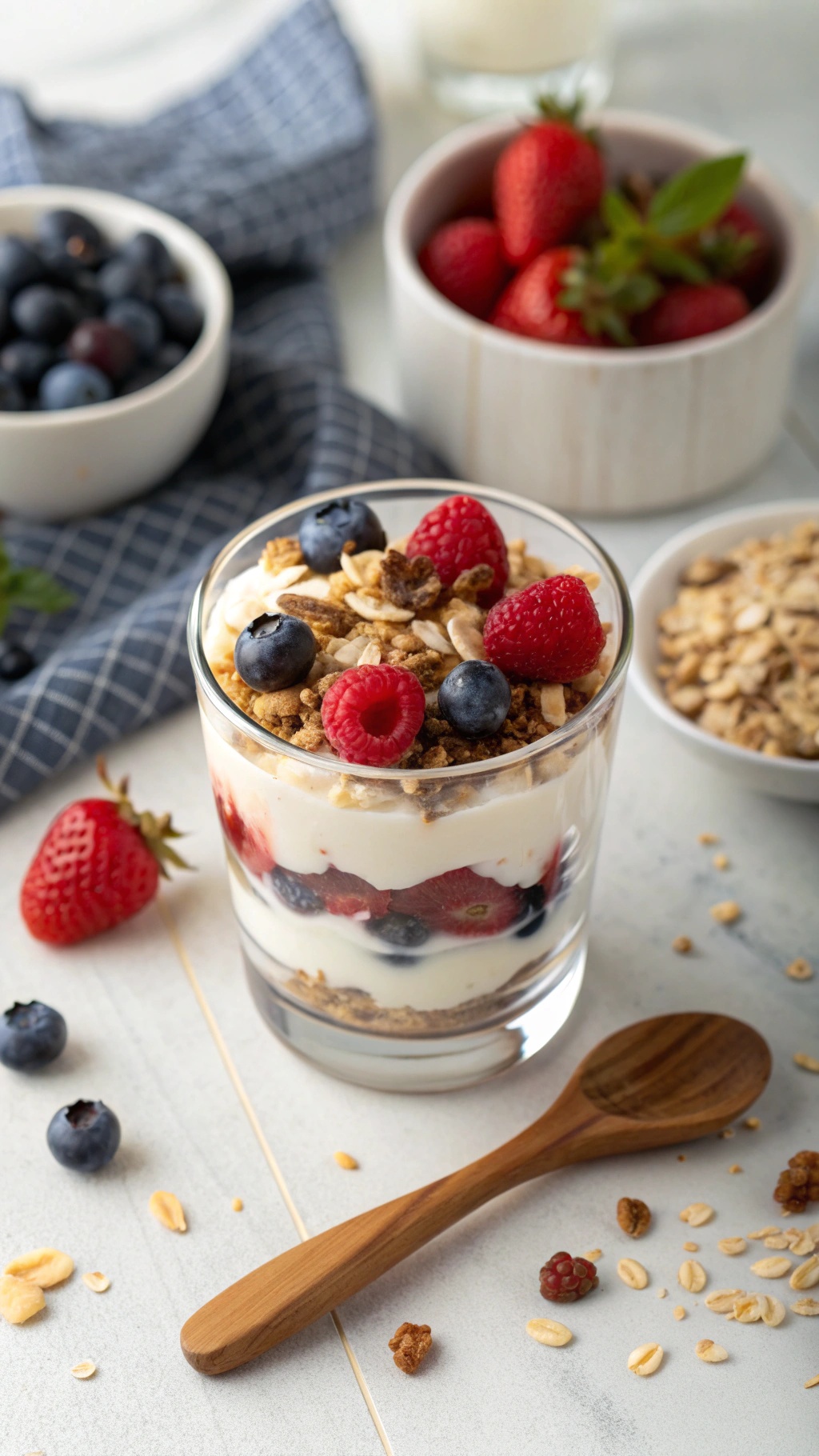 A Greek yogurt parfait with layers of yogurt, berries, and granola in a glass.