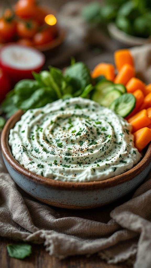 A bowl of Greek yogurt spinach dip surrounded by fresh vegetables.