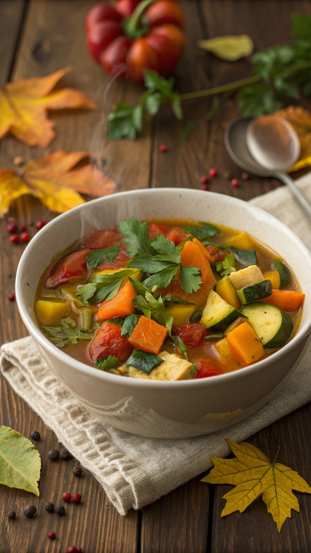 A bowl of colorful harvest vegetable soup surrounded by autumn leaves and a pepper.