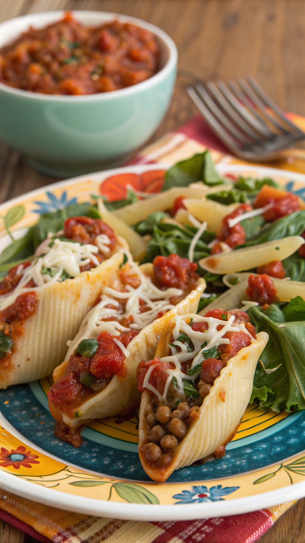 A plate of lentil and spinach stuffed shells topped with tomato sauce and cheese, served with a side of salad.