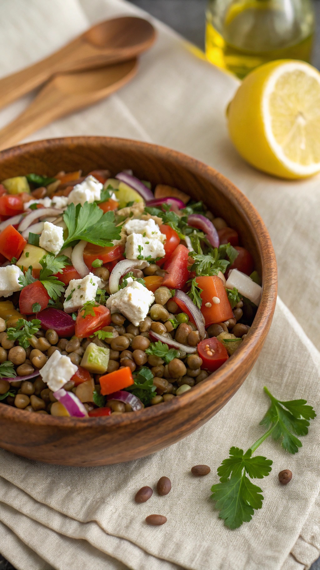 A colorful lentil salad with fresh vegetables in a wooden bowl.