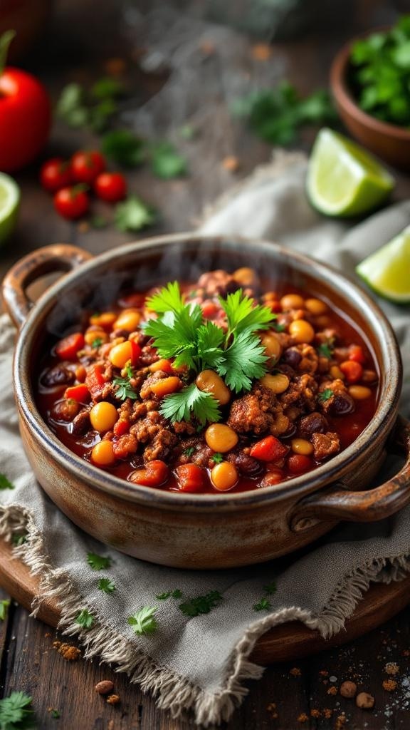 A bowl of hearty chili with beans, ground meat, and topped with cilantro, served with lime wedges.