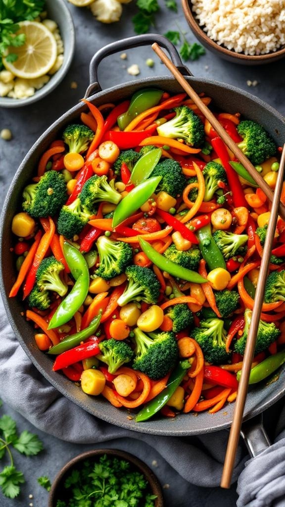 A colorful one-pot vegetable stir-fry with broccoli, bell peppers, and snap peas in a skillet.