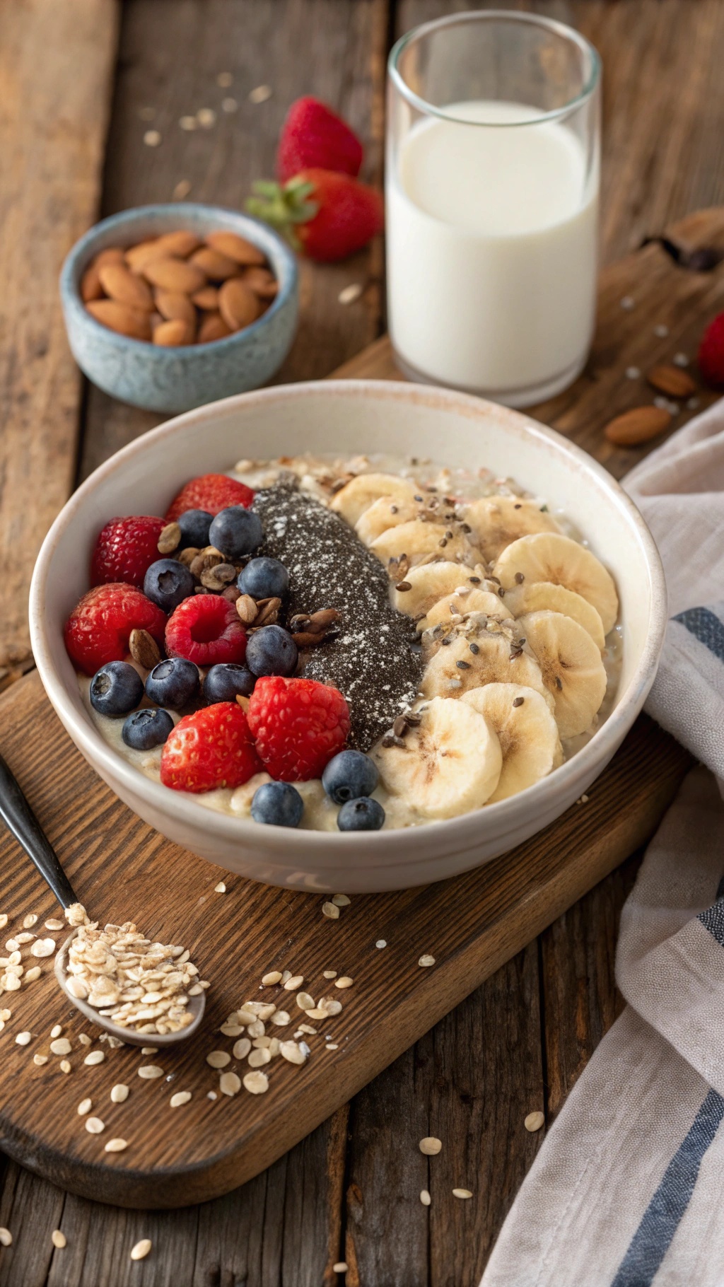 A bowl of overnight oats topped with banana slices, blueberries, raspberries, and chia seeds, with a glass of milk and a bowl of almonds in the background.