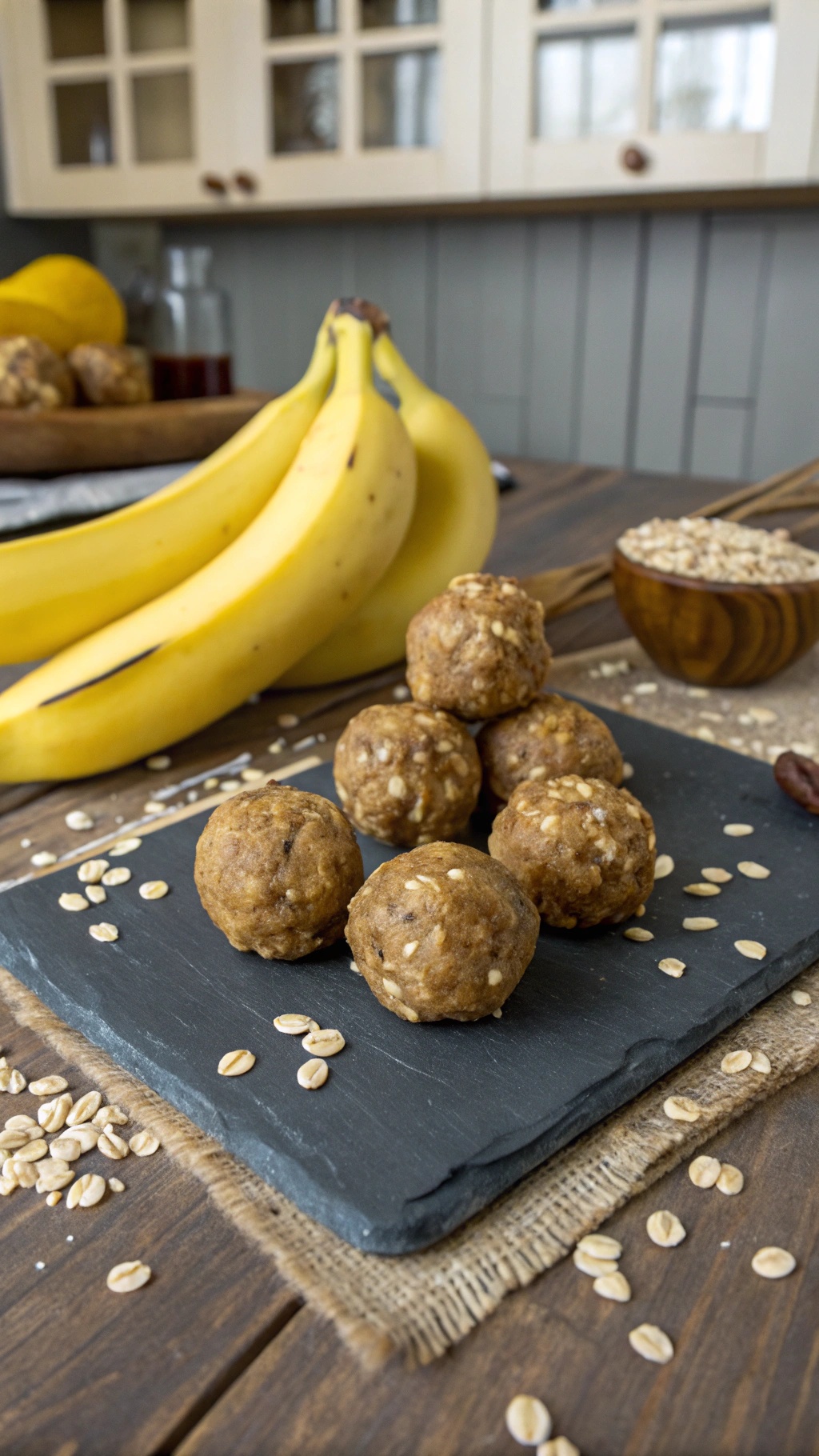 A slate board with peanut butter banana oat bites, fresh bananas, and oats in the background.