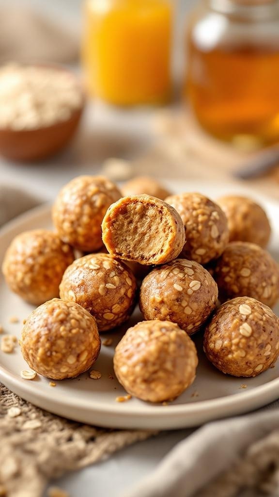 A plate of peanut butter energy bites with a bite taken out of one, surrounded by oats and honey.
