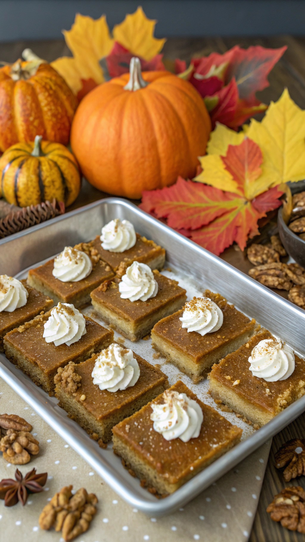 Wholesome pumpkin pie bars with a nut crust, topped with whipped cream, surrounded by pumpkins and autumn leaves.
