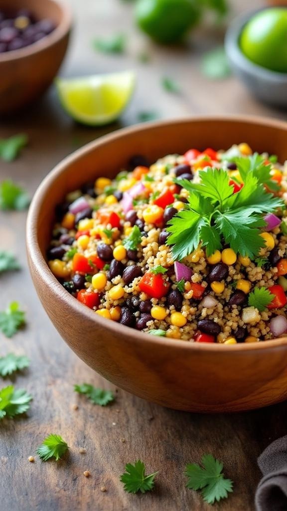 A colorful quinoa and black bean salad in a wooden bowl, garnished with cilantro and lime.