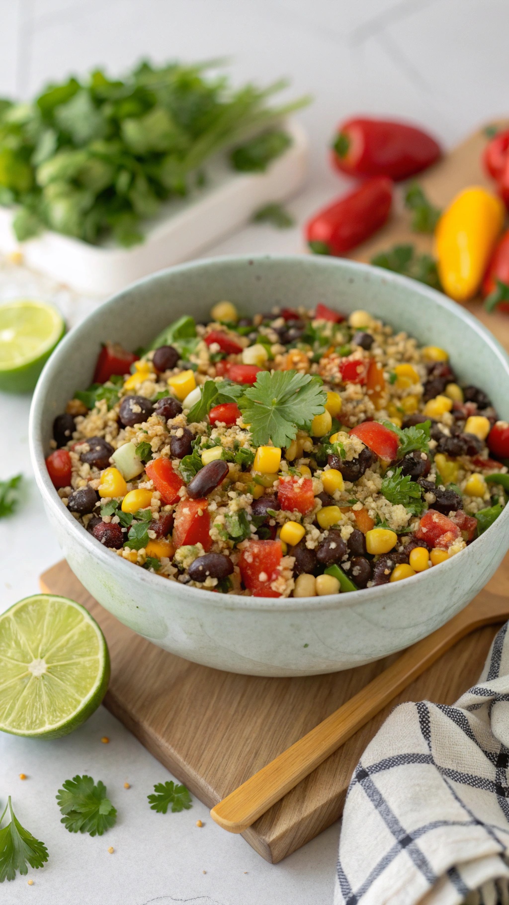 A bowl of quinoa and black bean salad with colorful vegetables and lime slices
