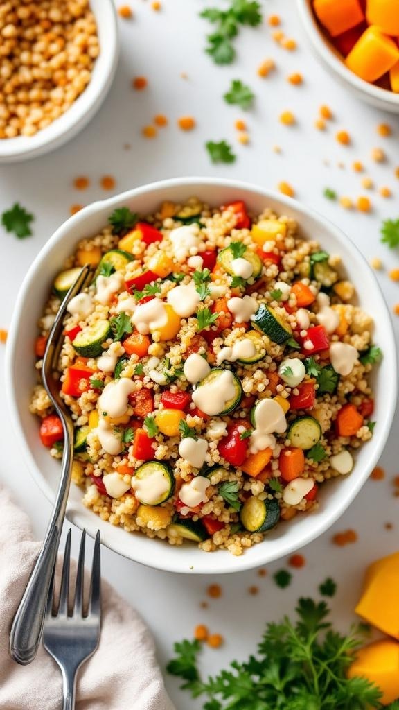 A colorful bowl of quinoa salad with roasted vegetables and a fork beside it.