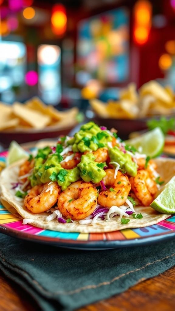 Shrimp tacos topped with avocado salsa, served on a colorful plate