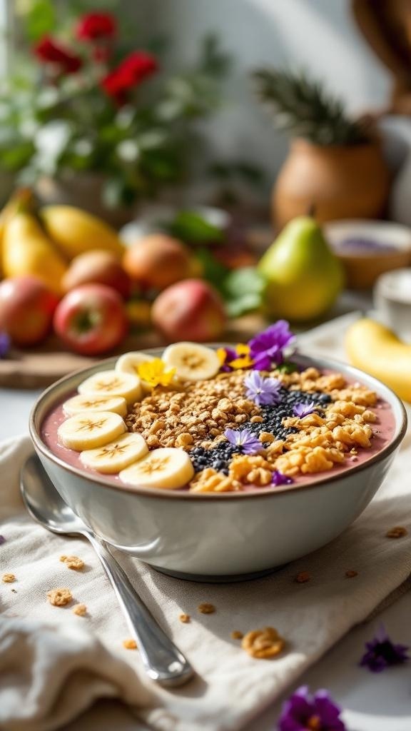 A colorful smoothie bowl topped with banana slices, granola, and edible flowers, surrounded by fresh fruits.