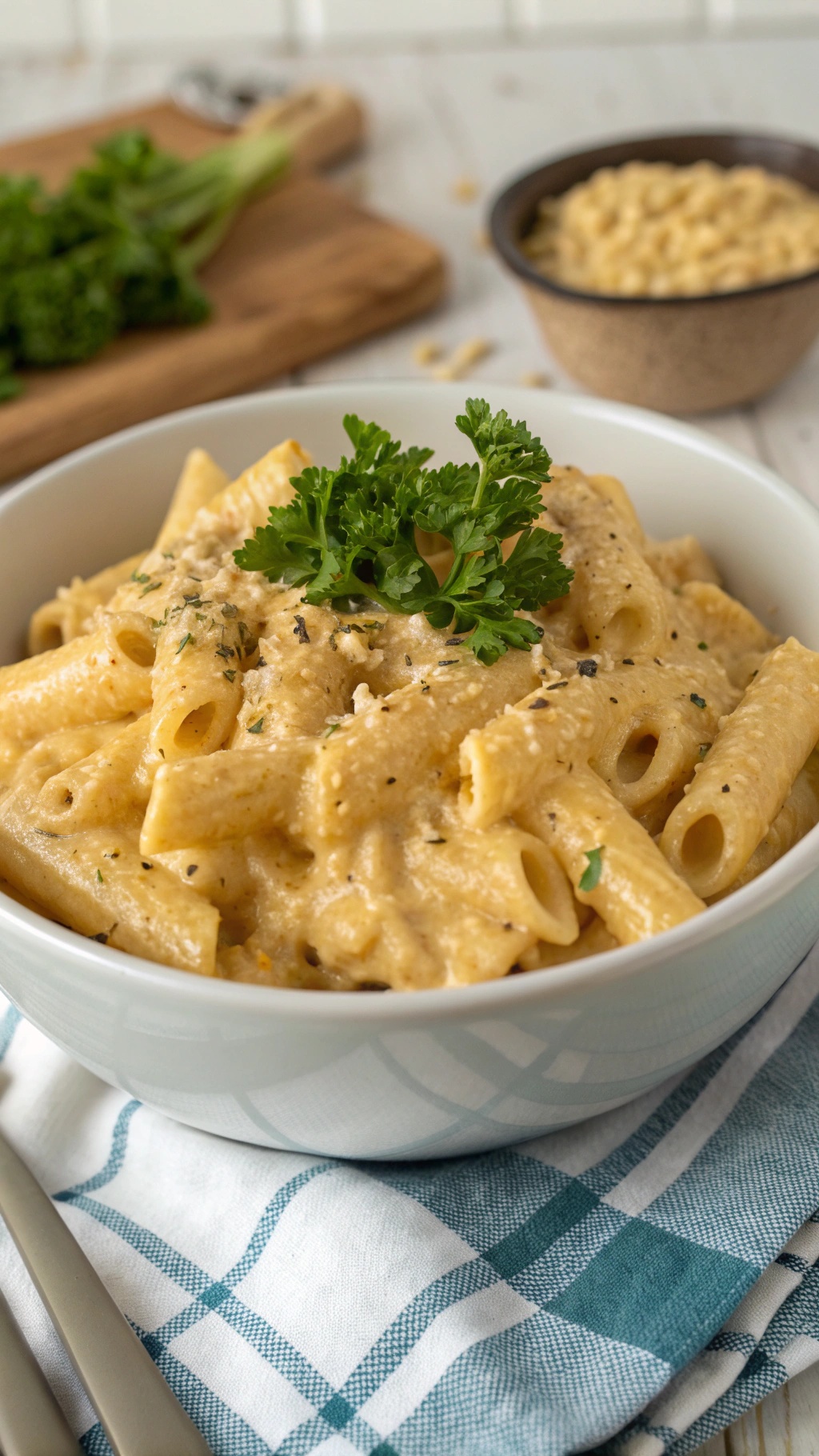 A bowl of creamy mac and cheese topped with parsley, served on a checkered cloth.