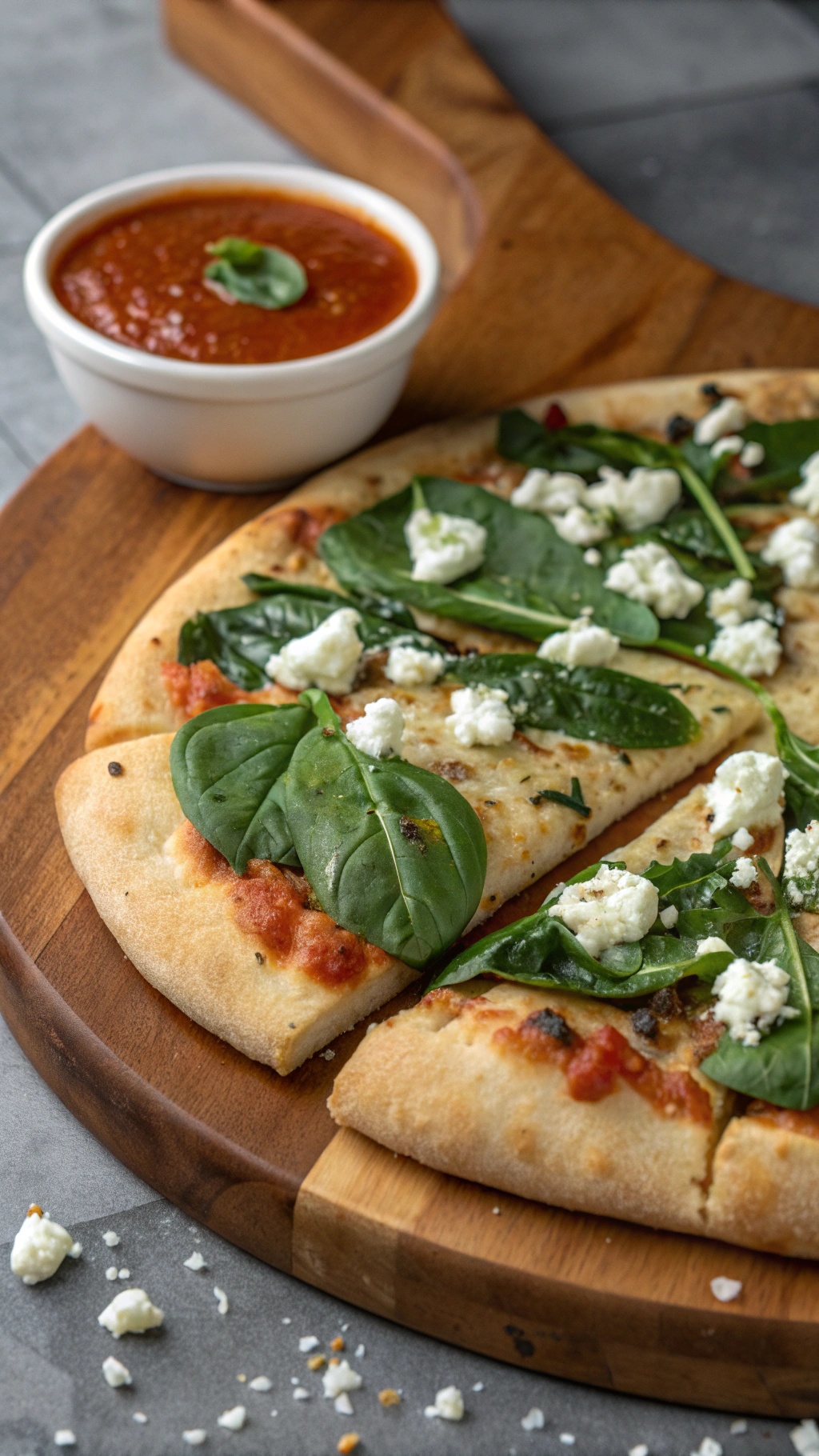 Wholesome spinach and feta protein pizza with marinara sauce